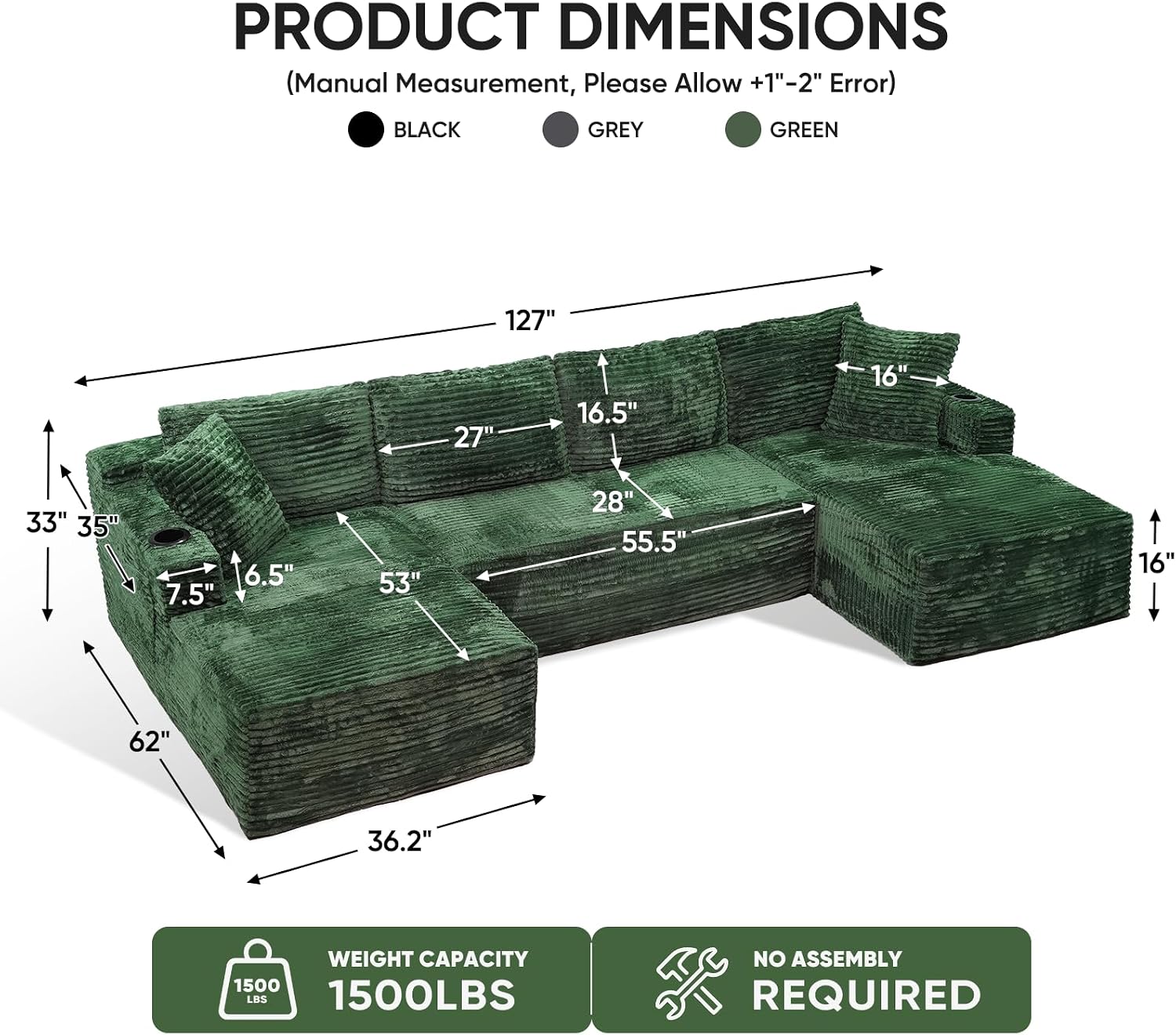 127" U-Shaped Corduroy Cloud Sectional Sofa