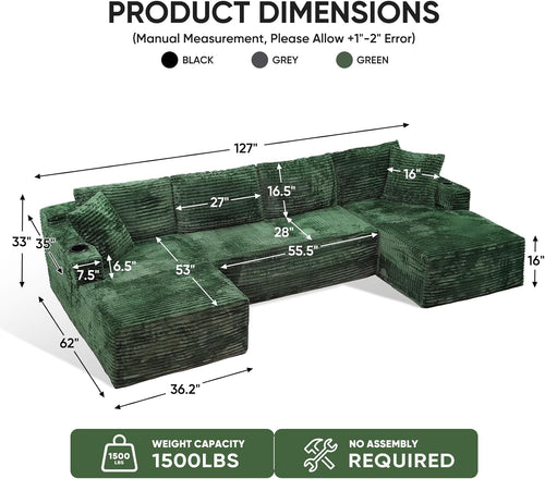 127" U-Shaped Corduroy Cloud Sectional Sofa