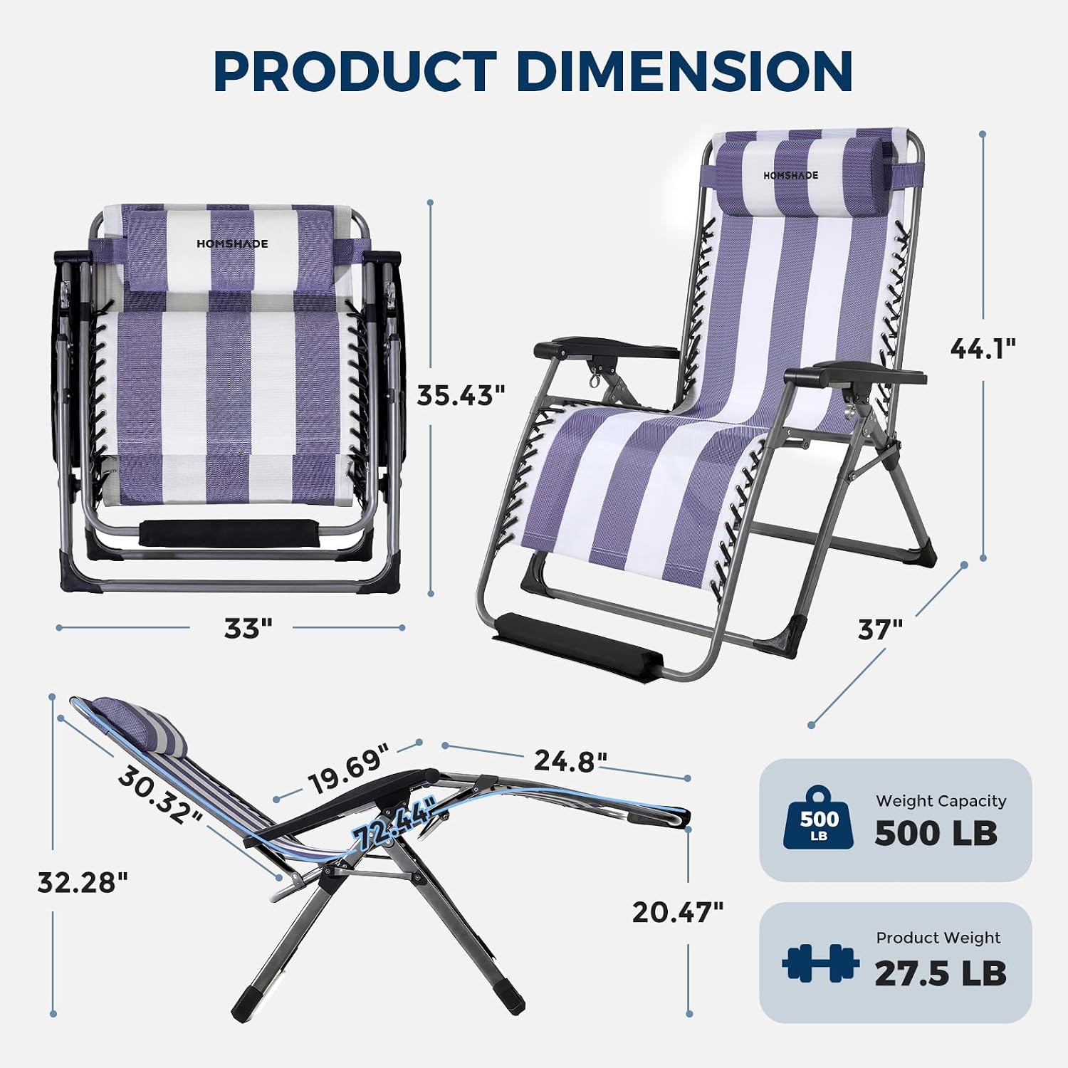 Blue White 33In XXL Zero Gravity Chair