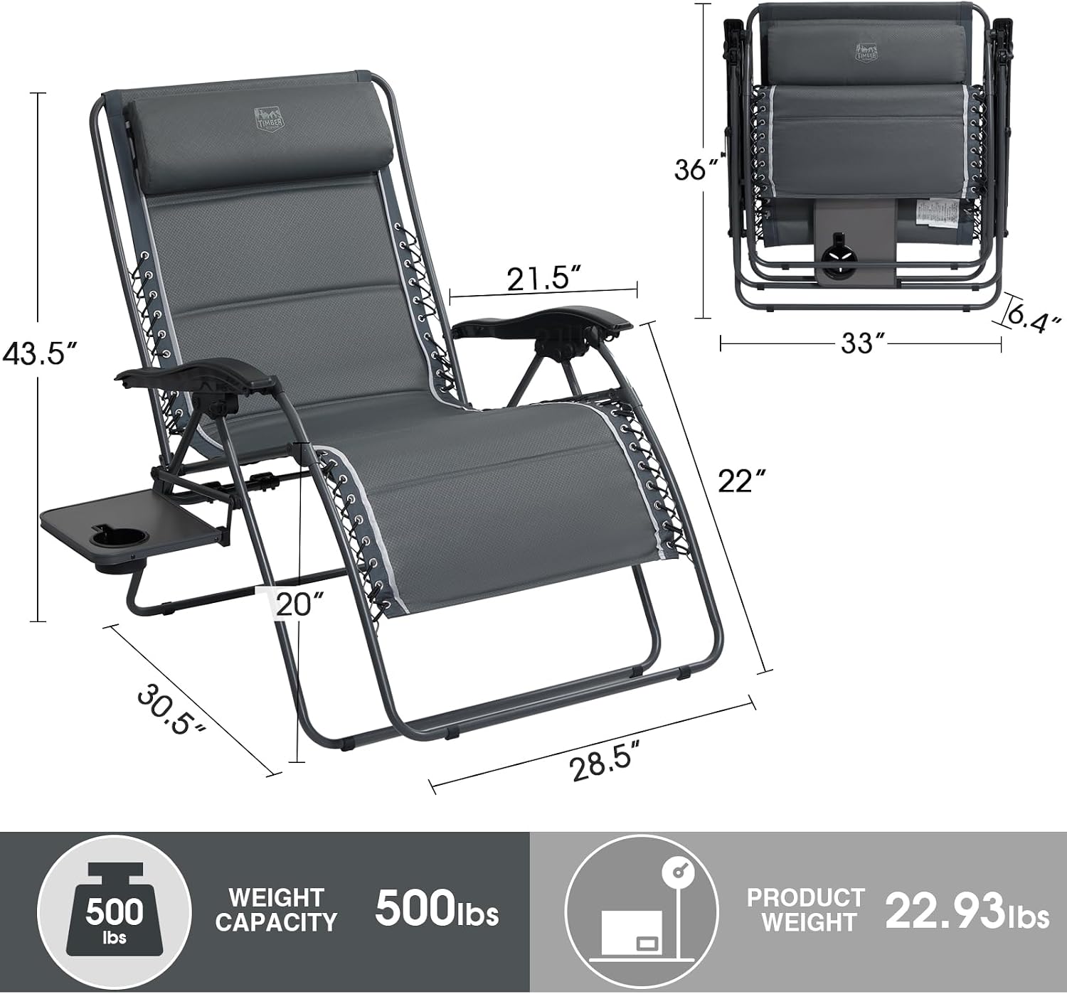 Timber Ridge Grey 33In XXL Zero Gravity Chair