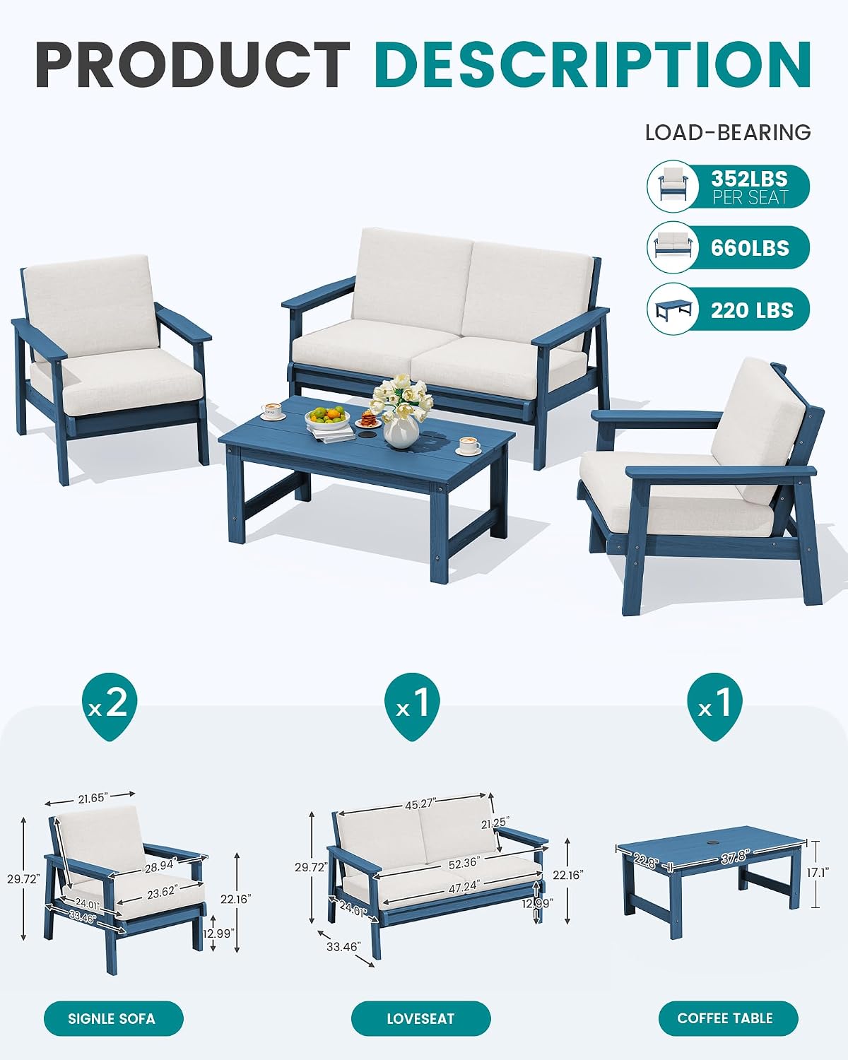 4-Piece HDPE Blue Patio Sofa Set