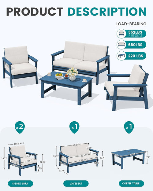 4-Piece HDPE Blue Patio Sofa Set