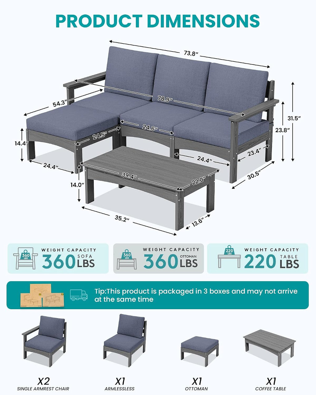 SERWALL 5-Piece HDPE Grey Patio Sofa Set