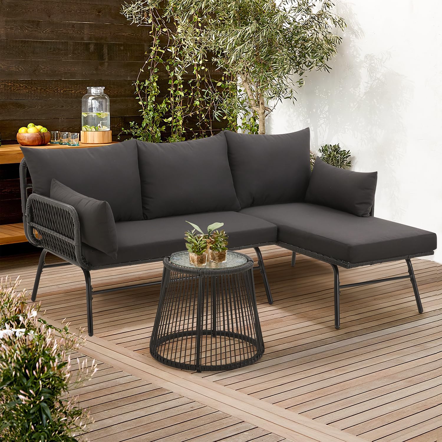 Bezseller 3-Piece L-Shaped Rattan Patio Sofa Set