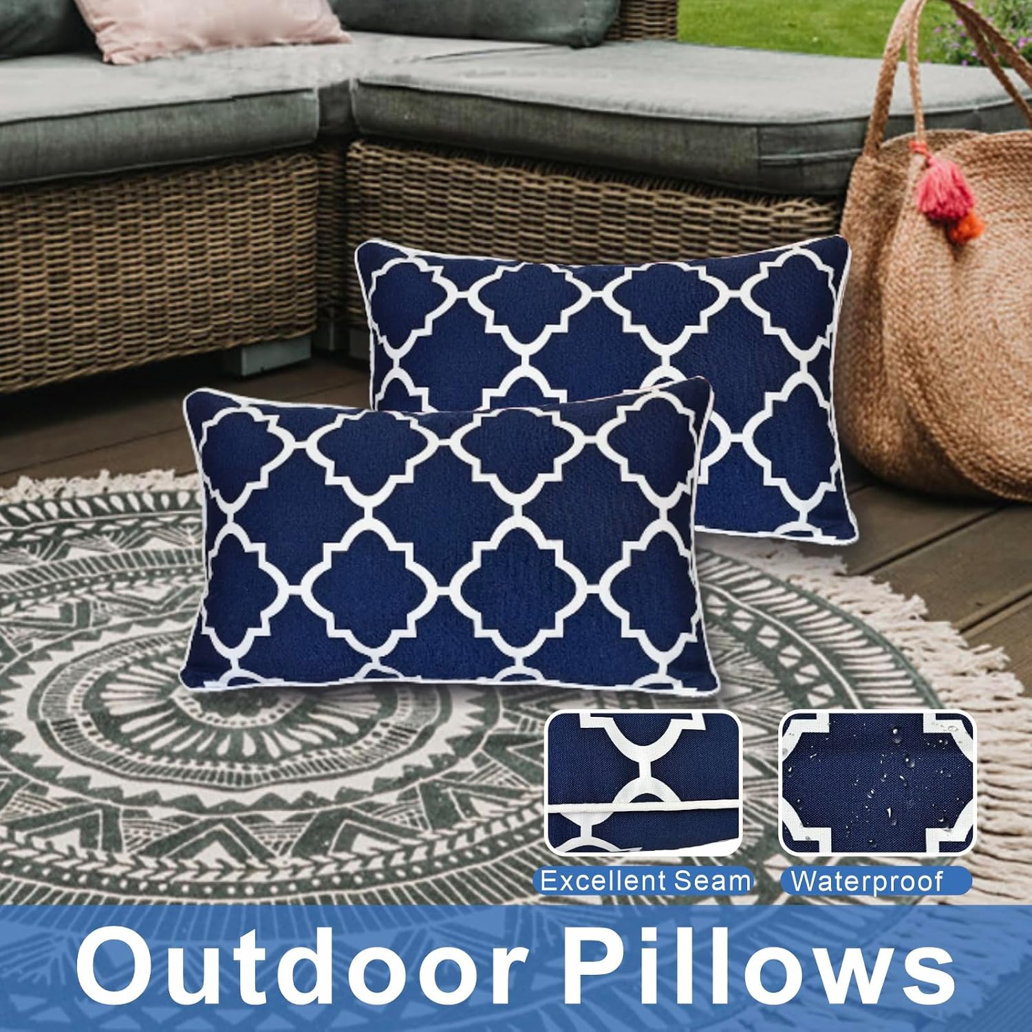 Bird Navy Fretwork 12x20 Outdoor Pillows