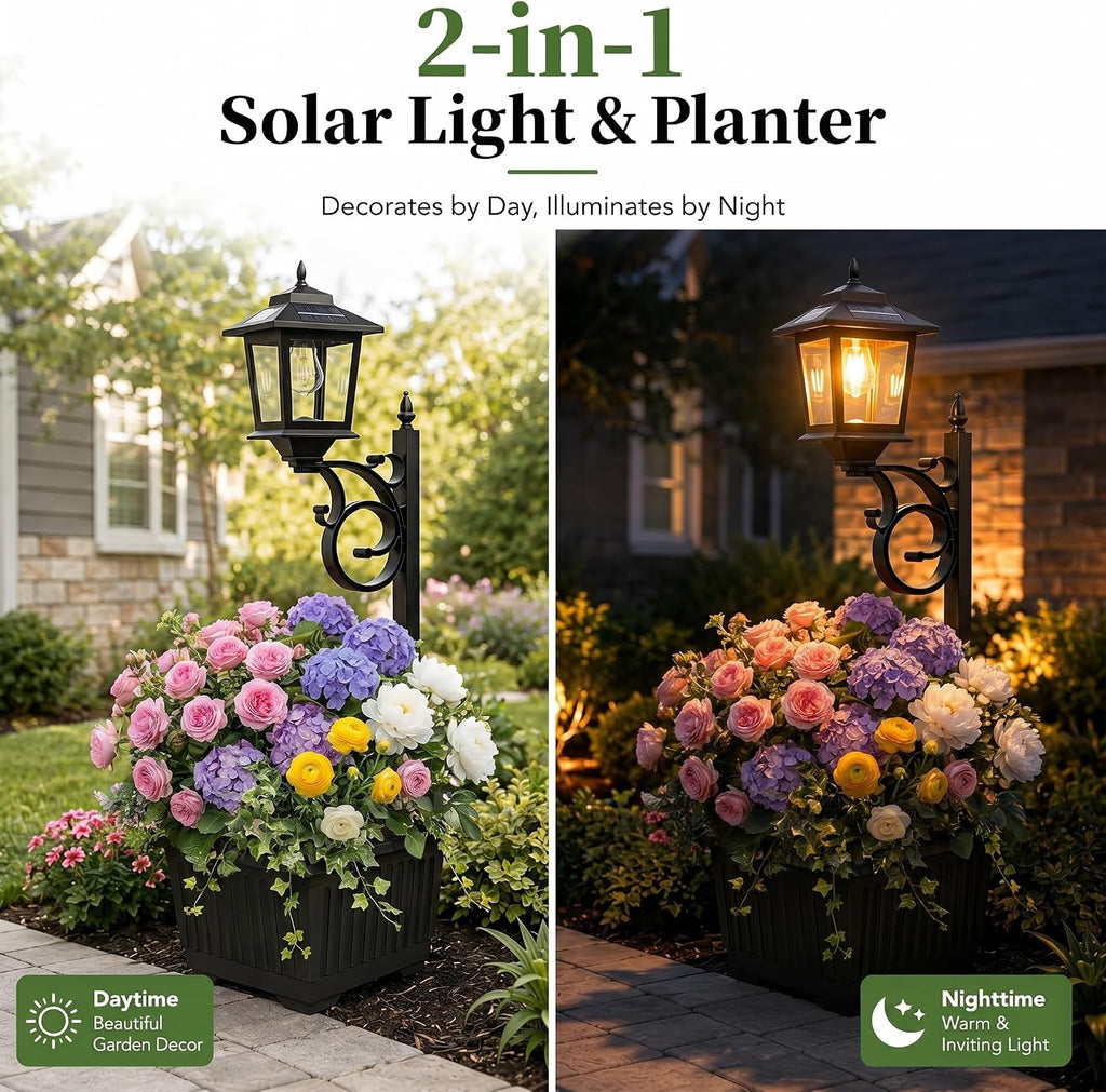 2 Pack 2-in-1 Solar Lamp Post Planter