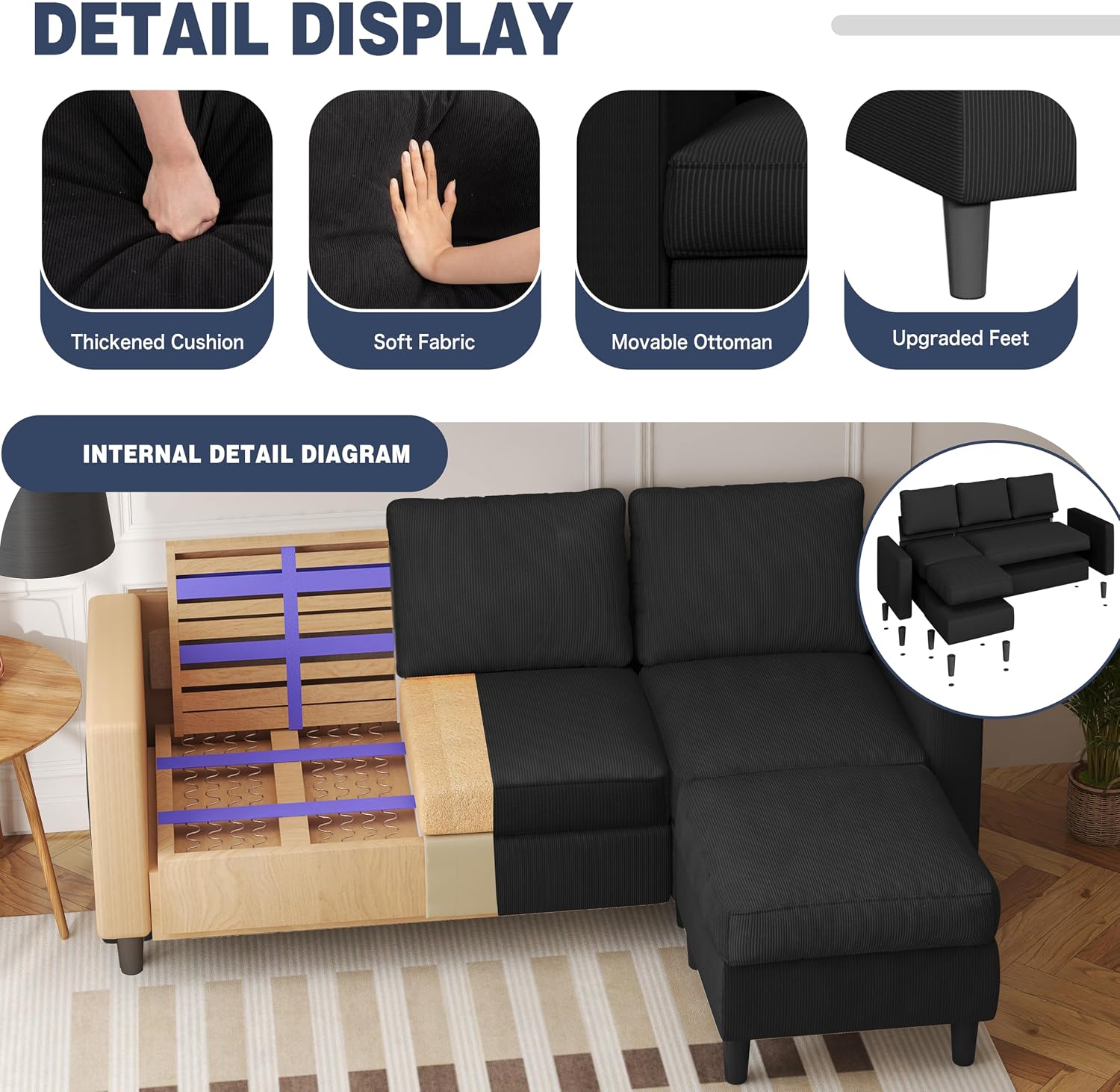 Shintenchi L Shaped Corduroy Sectional Sofa