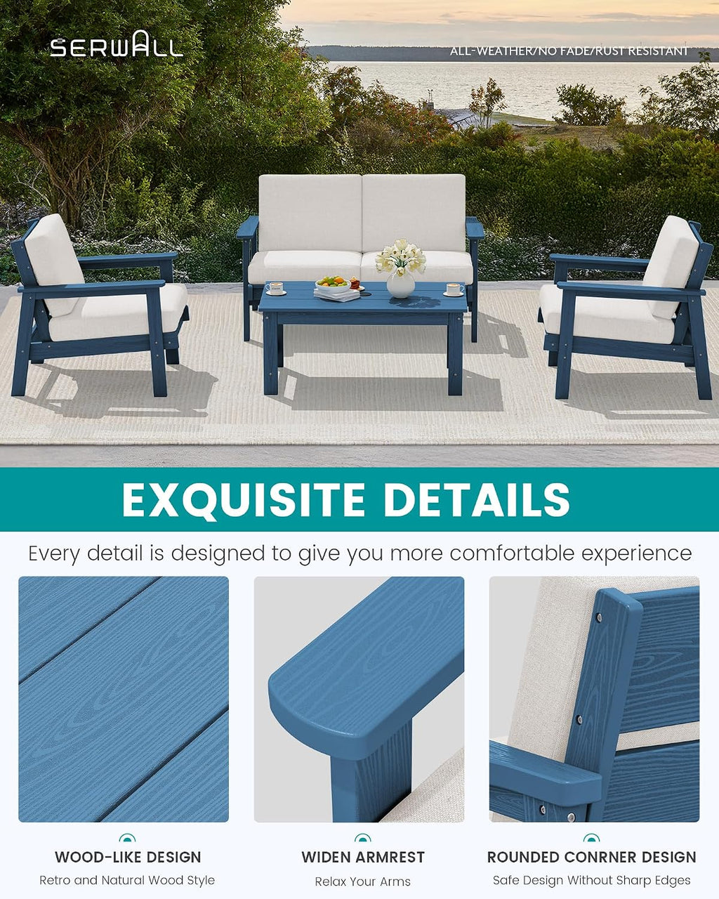 4-Piece HDPE Blue Patio Sofa Set