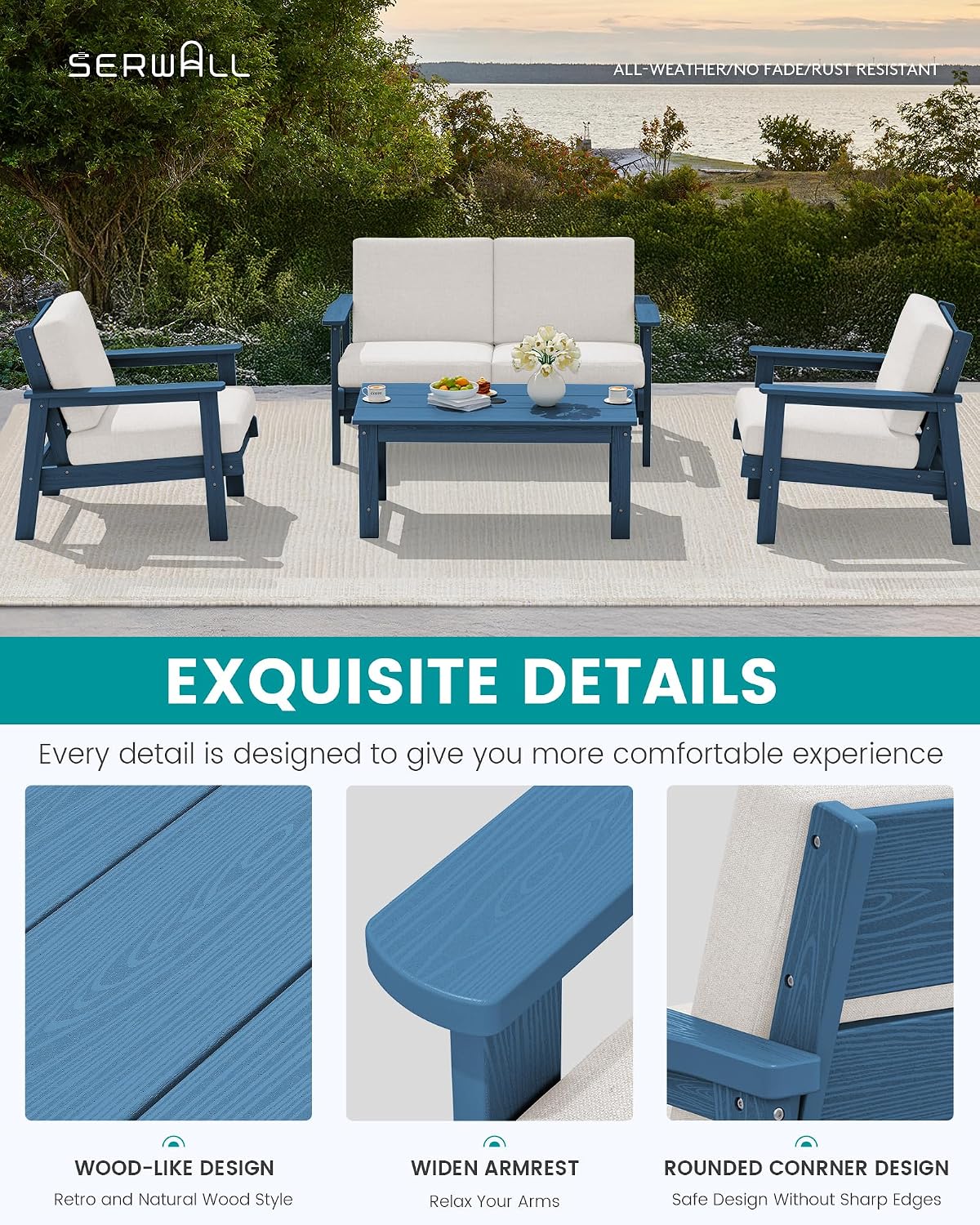 4-Piece HDPE Blue Patio Sofa Set