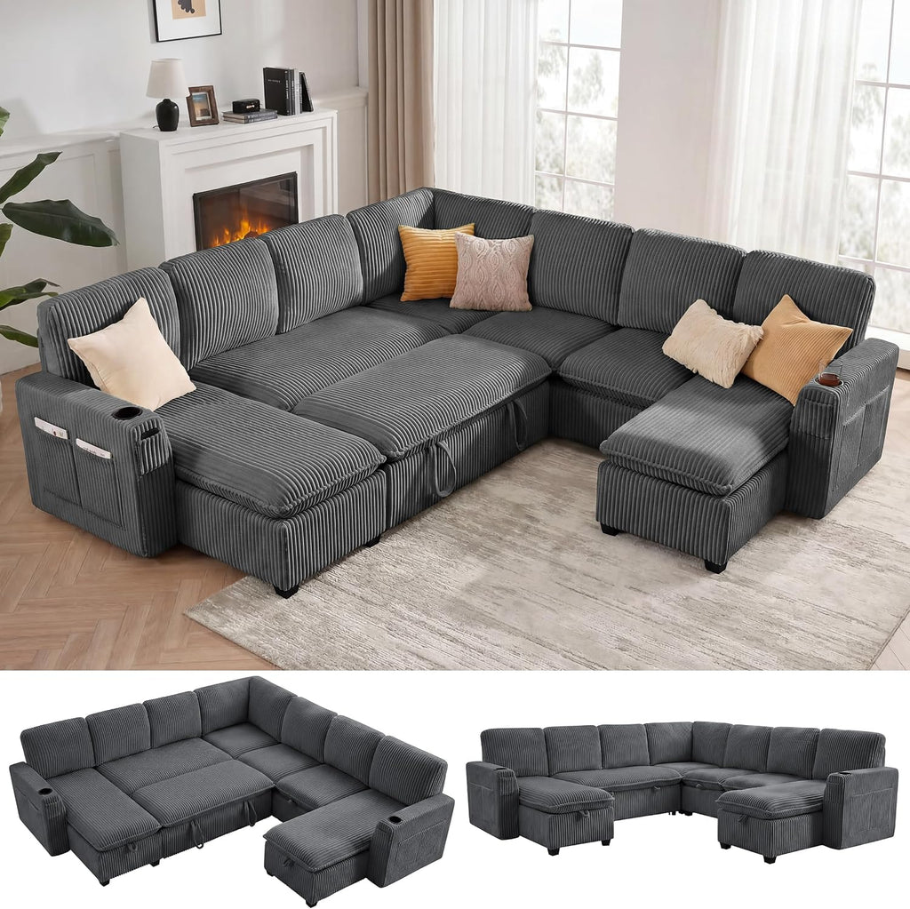 7 Seat Corduroy Modular Sleeper Sectional Sofa