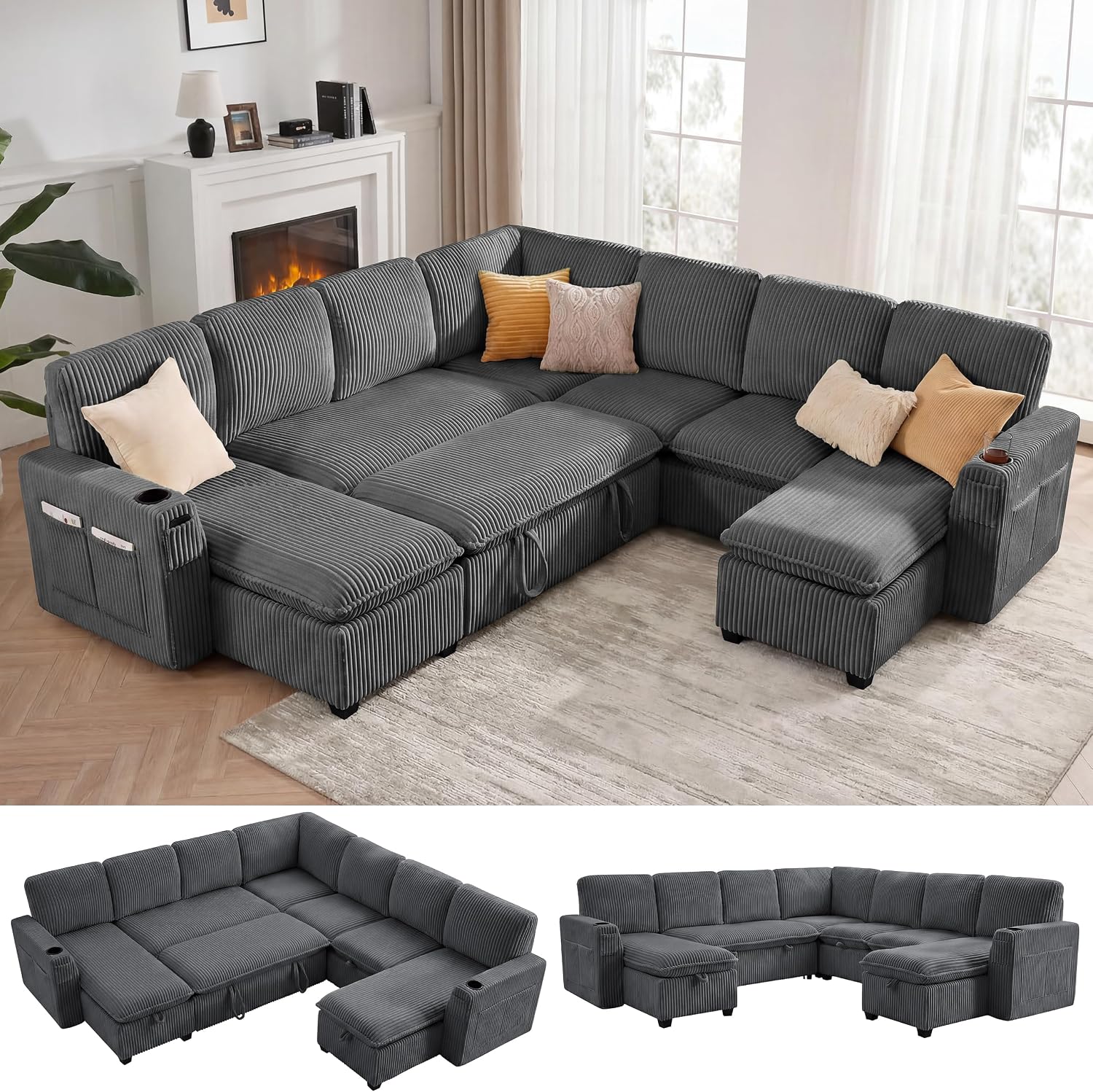 7 Seat Corduroy Modular Sleeper Sectional Sofa