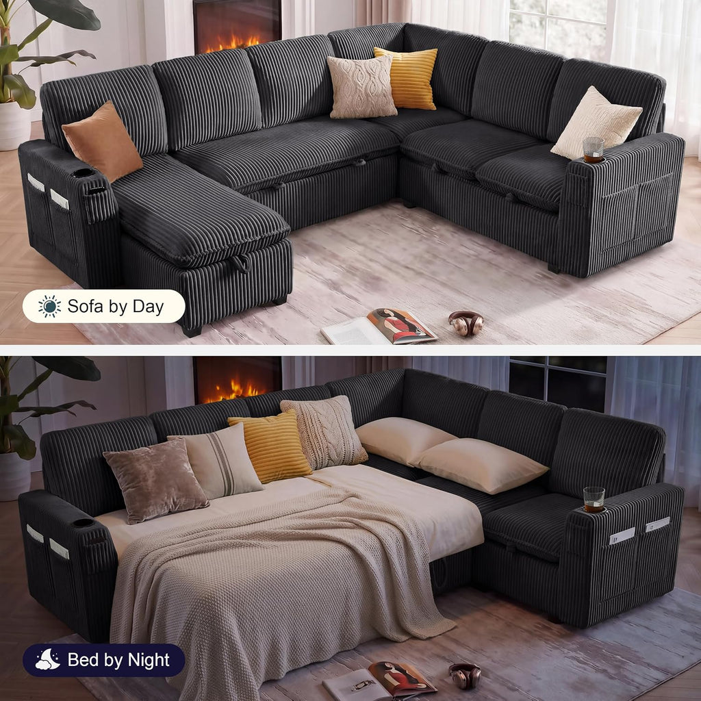 7 Seat Corduroy Modular Sleeper Sectional Sofa