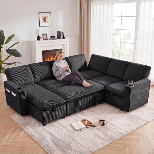 7 Seat Corduroy Modular Sleeper Sectional Sofa