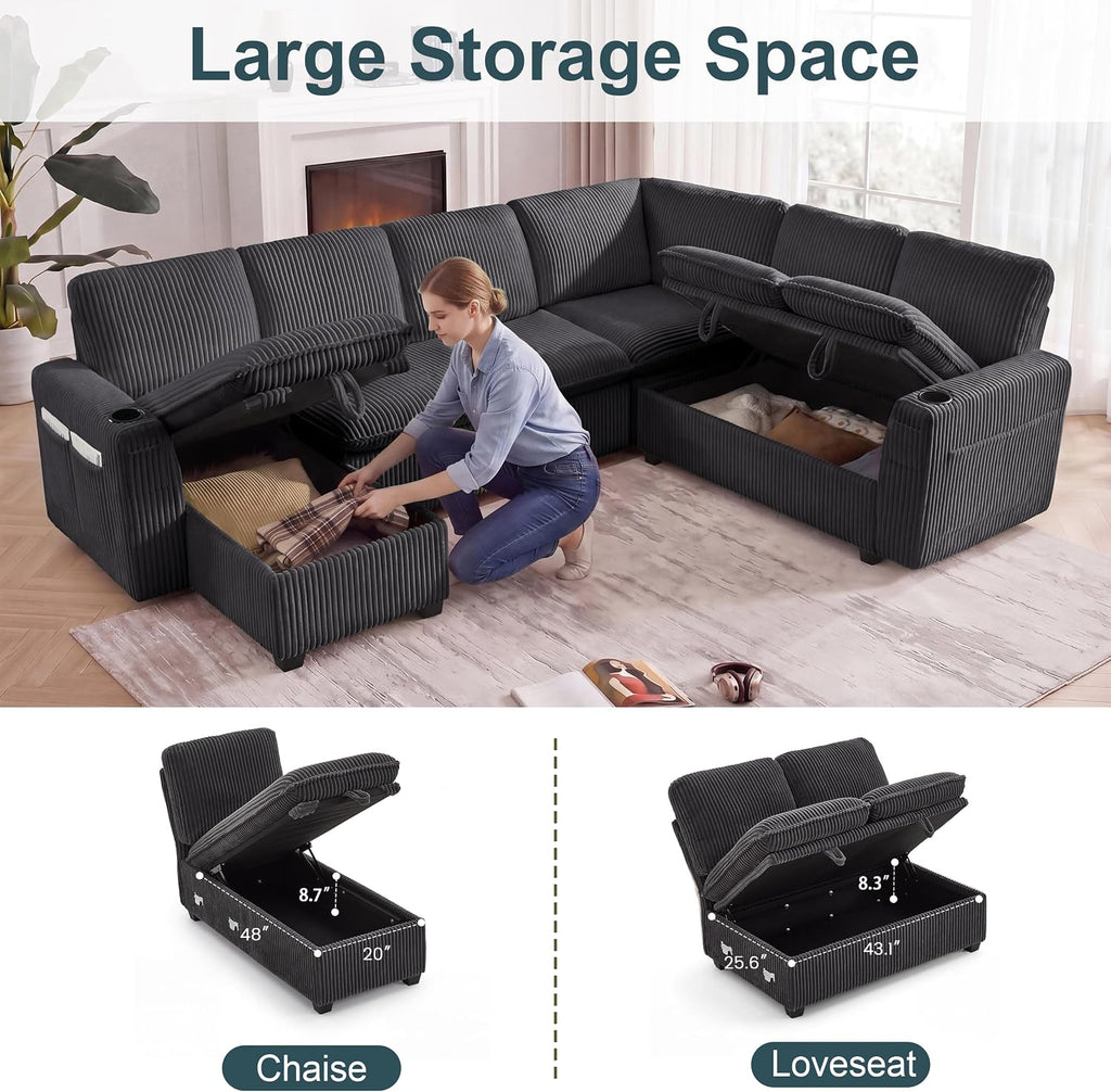 7 Seat Corduroy Modular Sleeper Sectional Sofa