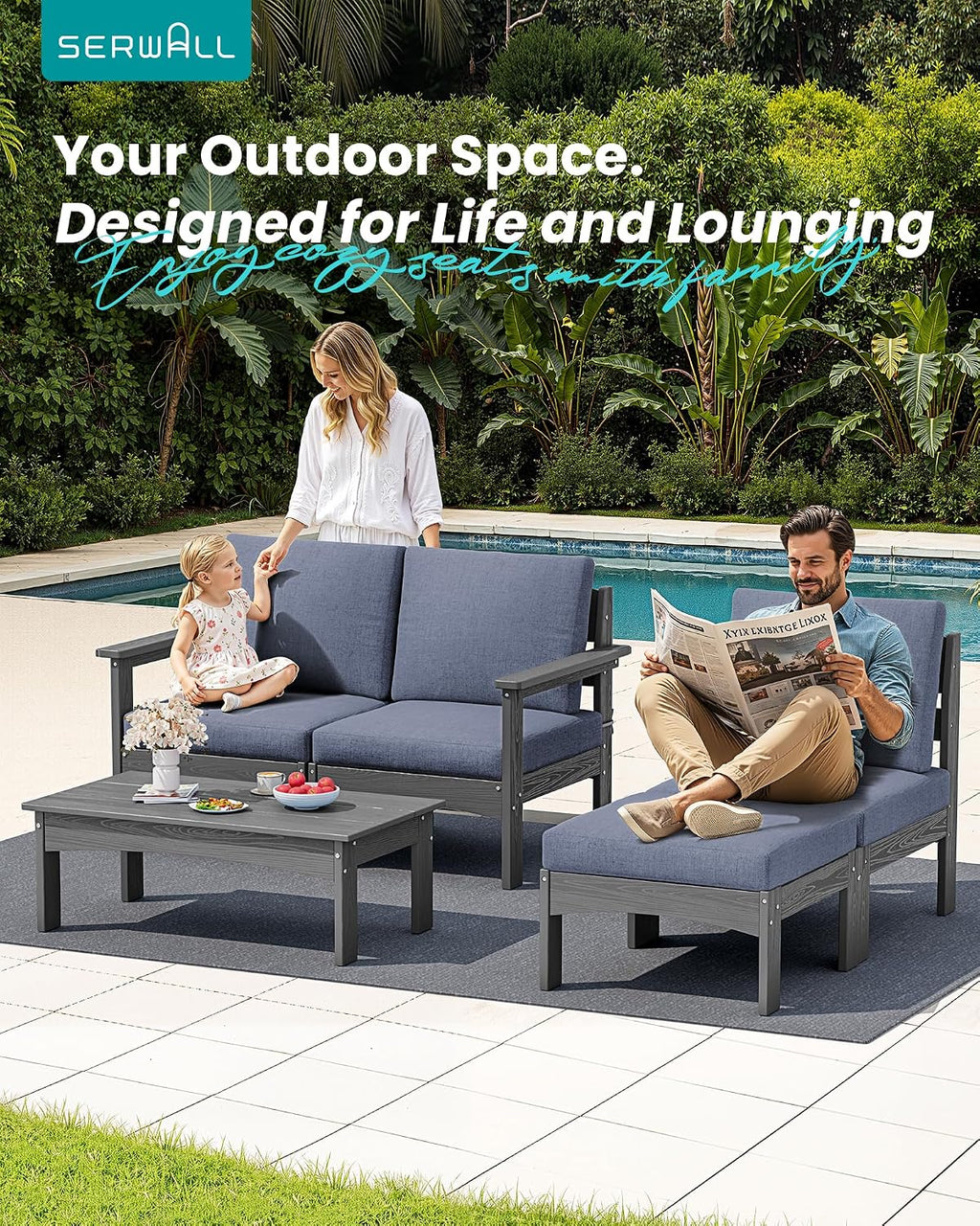 SERWALL 5-Piece HDPE Grey Patio Sofa Set