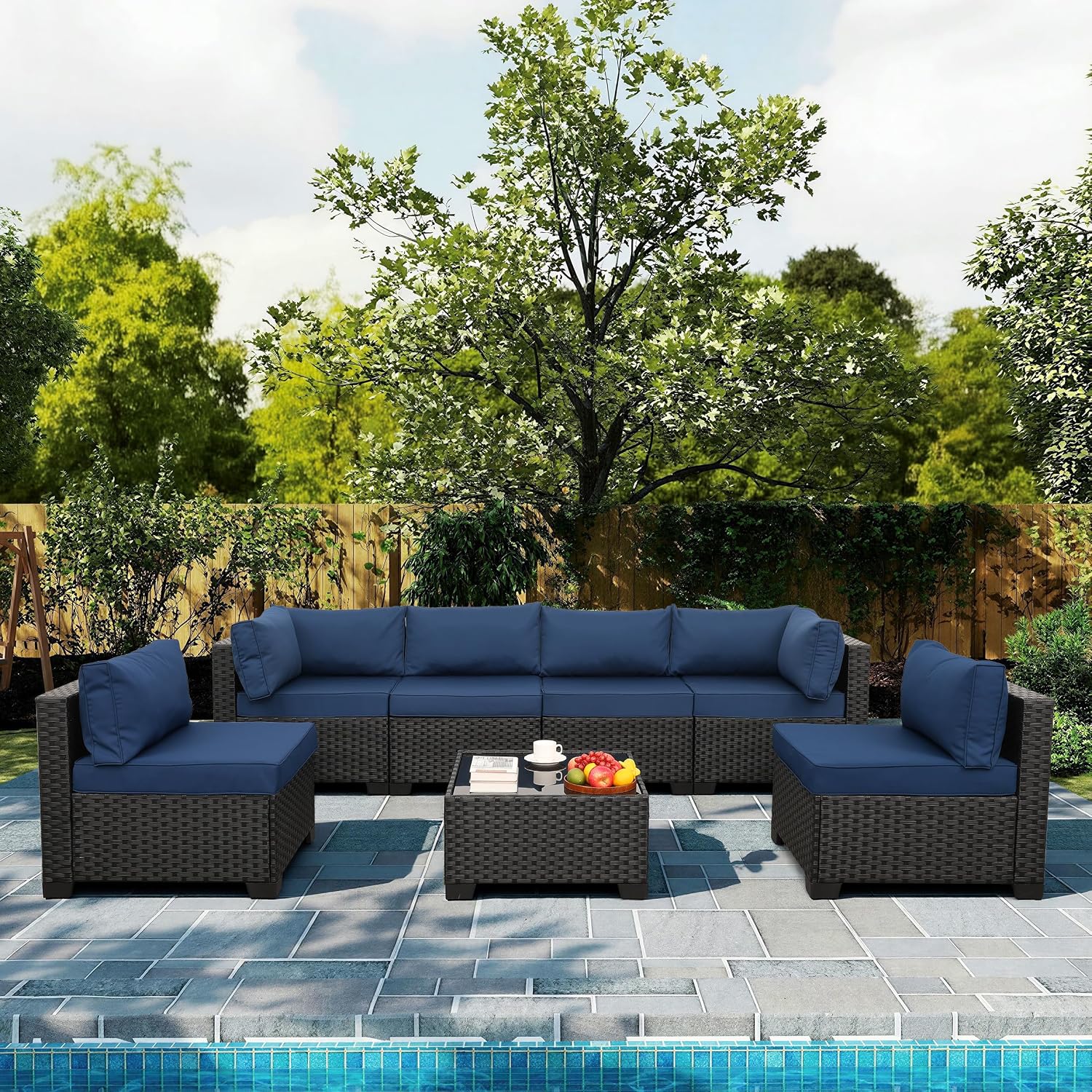 Rattaner 7-Piece Black Wicker Patio Sofa Set
